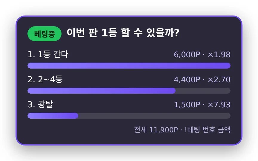 승부예측 오버레이 — 베팅중 상태, 선택지별 판돈·배당·막대, 전체 판돈